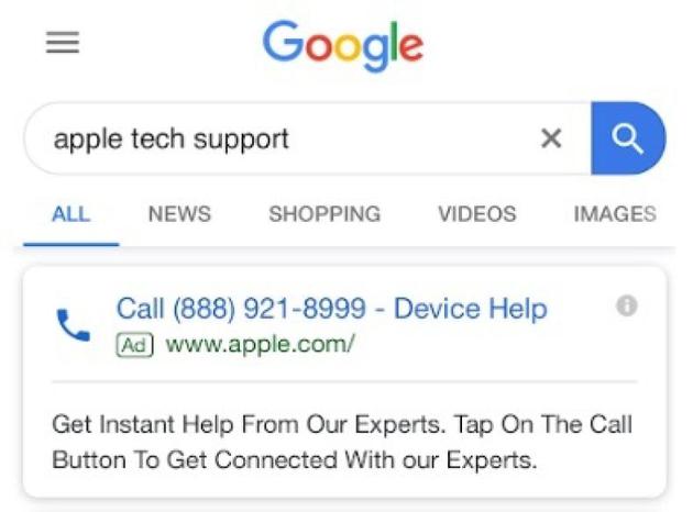谷歌广告再现诈骗：搜索“苹果技术支持”可能是假的